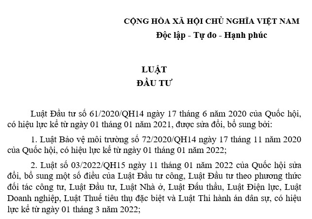 VĂN BẢN HỢP NHẤT SỐ 10/VBHN-VPQH LUẬT ĐẦU TƯ